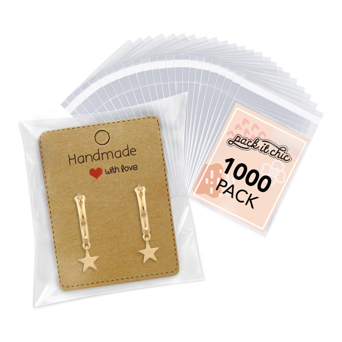 Pack It Chic - 3” X 4” (1000 Pack) Clear Resealable Cello Poly Bags for Jewelry Cookies Party Favors - Self Seal